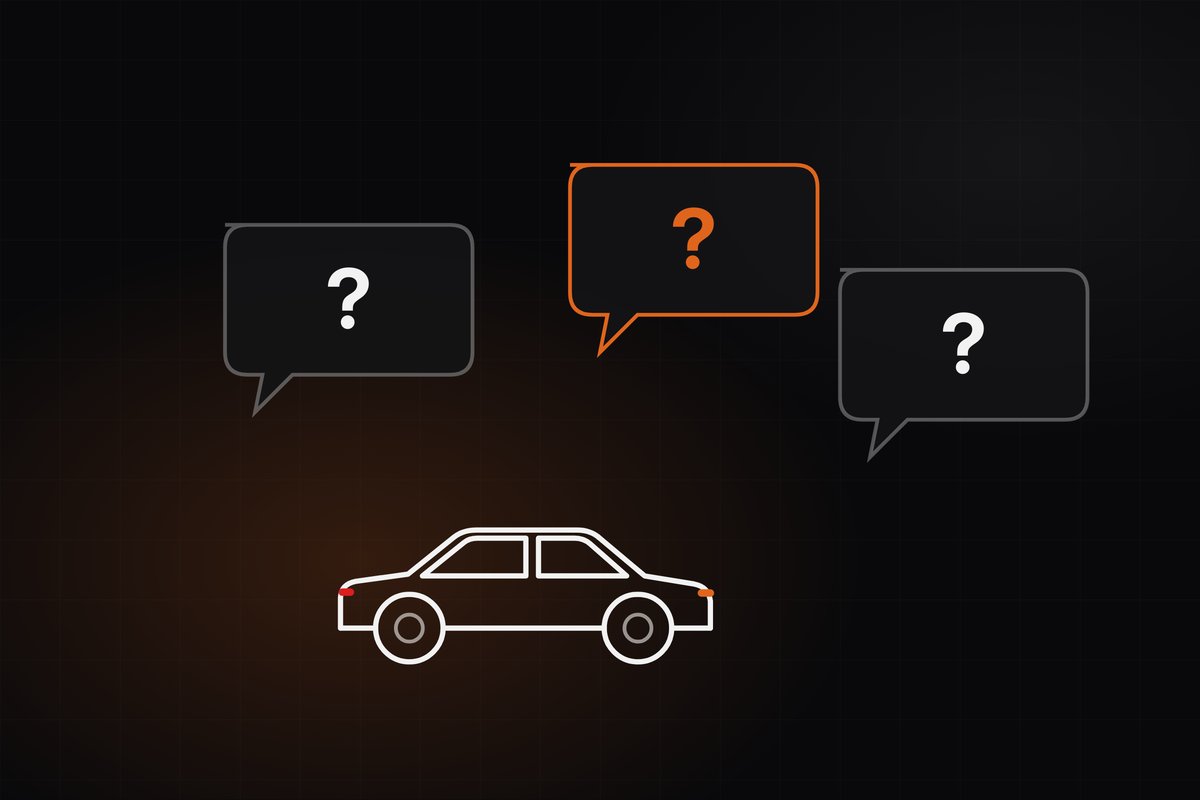 Illustration of three speech bubbles with question marks above a car