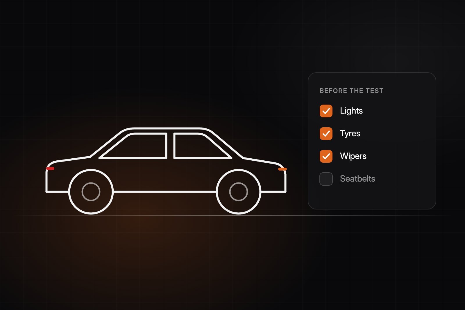 Illustration of a car outline next to a checklist: lights, tyres, wipers and seatbelts